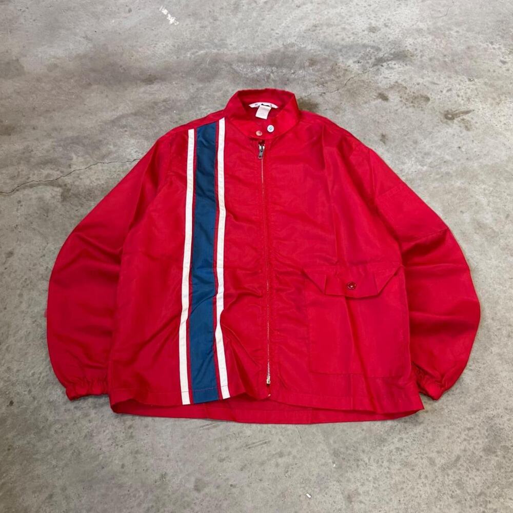 70s 80s Red Nylon Windbreaker With Blue/White Vertical Stripes